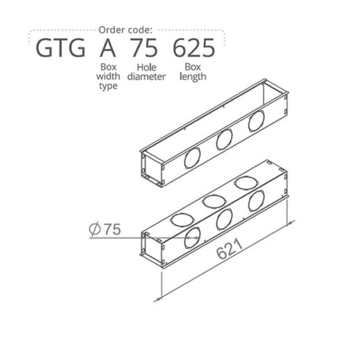 Anemosztát doboz egysoros vagy kétsoros befúvóhoz 3db 75mm-es cső csatlakozással, 625mm hosszban GTGA75625