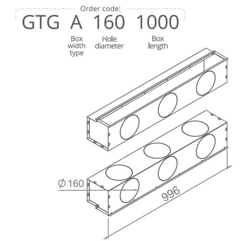 Anemosztát doboz egysoros vagy kétsoros befúvóhoz 3db 160mm-es cső csatlakozással, 1000mm hosszban GTGA1601000