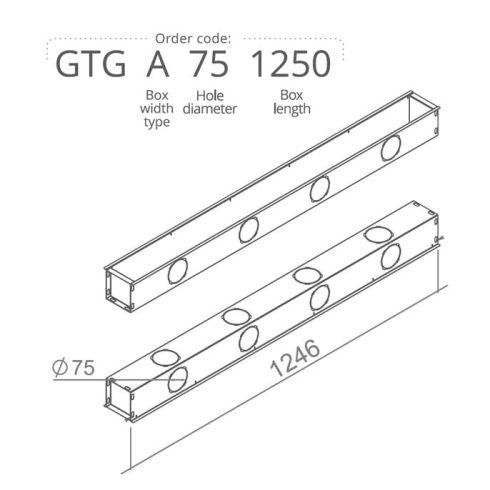 Anemosztát doboz egysoros vagy kétsoros befúvóhoz 4db 75mm-es cső csatlakozással, 1250mm hosszban GTGA751250