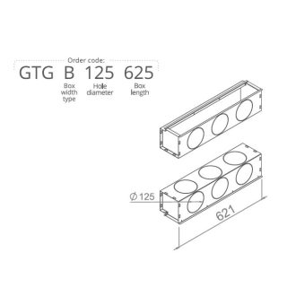   Anemosztát doboz háromsoros befúvóhoz 3db 125mm-es cső csatlakozással, 625mm hosszban GTGB125625