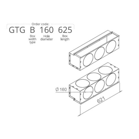 Anemosztát doboz háromsoros befúvóhoz 3db 160mm-es cső csatlakozással, 625mm hosszban GTGB160625