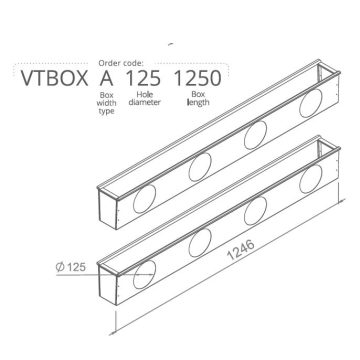   Hőszigetelt anemosztát doboz egysoros befúvóhoz 1250mm hosszú, 4db 125mm-es csatlakozással VTBOXA1251250