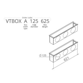   Hőszigetelt anemosztát doboz egysoros befúvóhoz 625mm hosszú, 3db 125mm-es csatlakozással VTBOXA125625