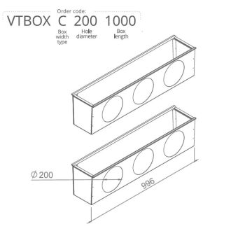   Hőszigetelt anemosztát doboz háromsoros befúvóhoz 1000mm hosszú, 3db 200mm-es csatlakozással VTBOXC2001000
