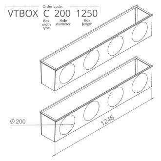   Hőszigetelt anemosztát doboz háromsoros befúvóhoz 1250mm hosszú, 4db 200mm-es csatlakozással VTBOXC2001250