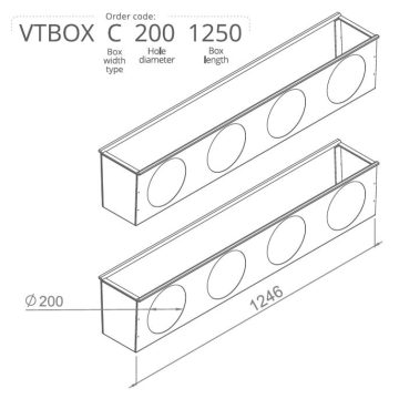   Hőszigetelt anemosztát doboz háromsoros befúvóhoz 1250mm hosszú, 4db 200mm-es csatlakozással VTBOXC2001250