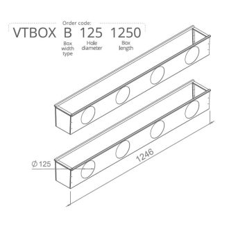   Hőszigetelt anemosztát doboz kétsoros befúvóhoz 1250mm hosszú, 4db 125mm-es csatlakozással VTBOXB1251250