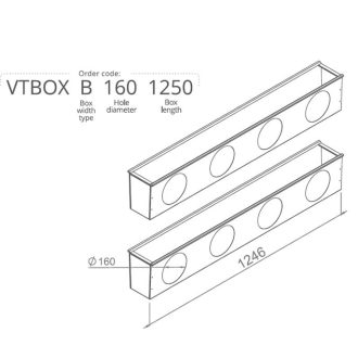   Hőszigetelt anemosztát doboz kétsoros befúvóhoz 1250mm hosszú, 4db 160mm-es csatlakozással VTBOXB1601250