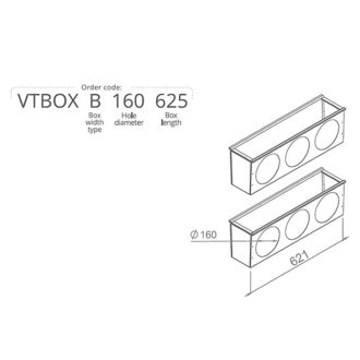   Hőszigetelt anemosztát doboz kétsoros befúvóhoz 625mm hosszú, 3db 160mm-es csatlakozással VTBOXB160625